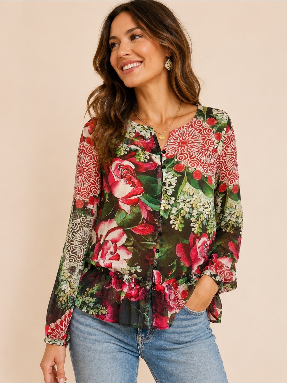 Desigual Womens‎ Small Sheer Mesh Floral Mandala Peplum Button Front Blouse Top